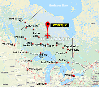Map showing charter flight route from Nakina To Webequie, Ontario